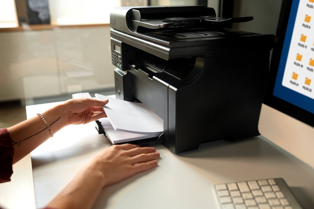 a woman takes a printout -Firstprint offers printer rental in Dubai